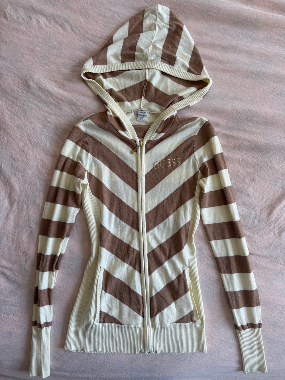Vintage Y2K Guess Brown Cream Striped Rhinestone Knit Zip Up Hoodie XS